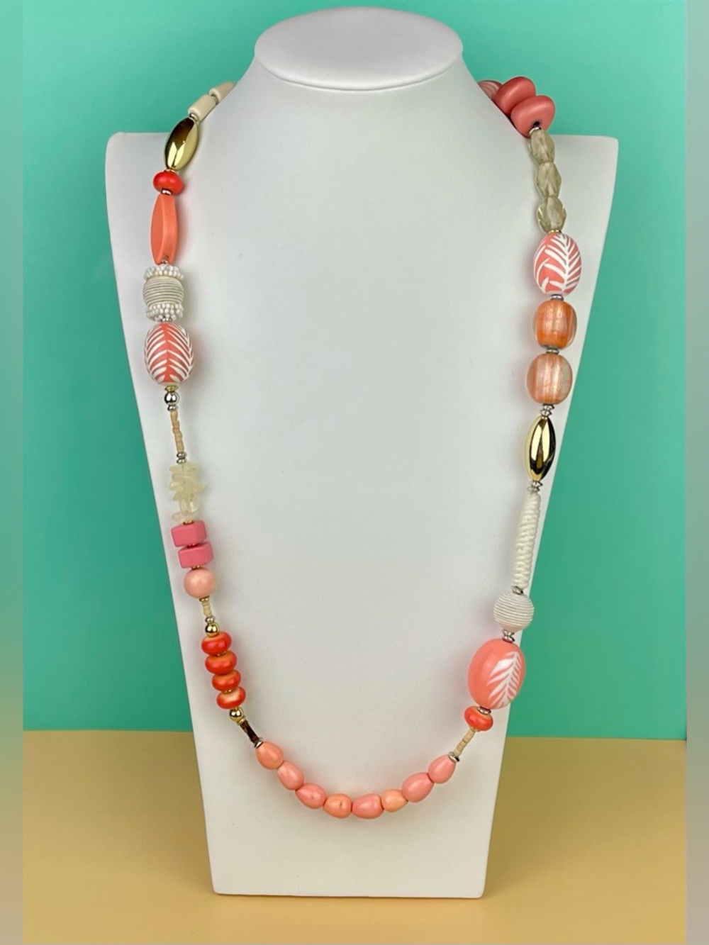 Chico’s Coral & Peach Eclectic Multi-Bead Long Statement Necklace